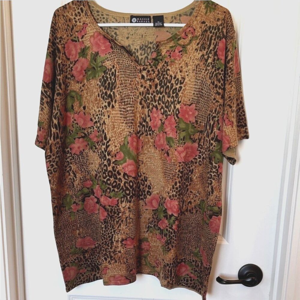 Maggie Barnes Women Notch Neck Blouse Plus 1X Leopard Floral Cheetah Soft Top